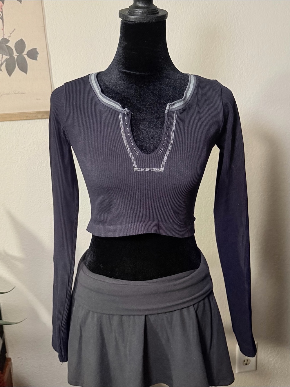 Black Out From Under Long Sleeve Ribbed Crop Top with Teal Trim